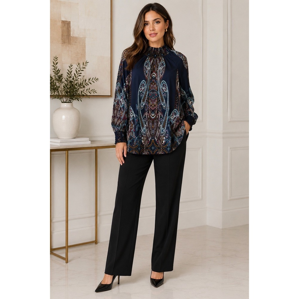 Chico's Navy Blue Paisley Smocked High Neck Blouse Long Sleeve Medallion Top 0 S